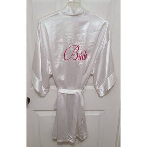 Mud Pie Women's Waist Tie Robe White Satin Embroidered Pink "Bride" Wedding O/S